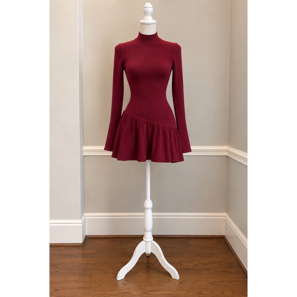 MESHKI Blair Long Sleeve Knit Pleated Mini Dress Burgundy - Size S / NWOT - Picture 5 of 9